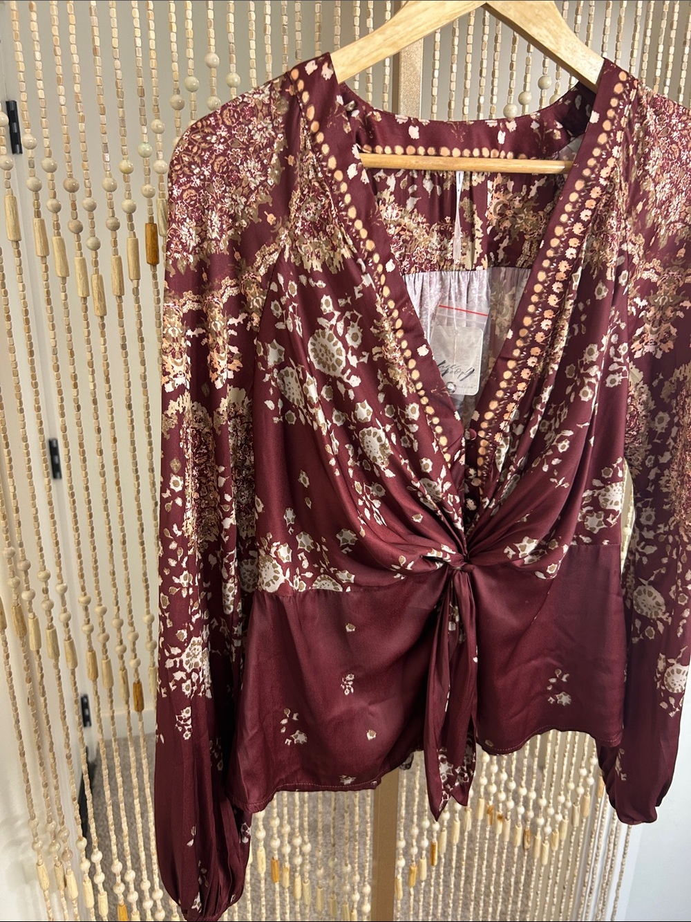 Free People Run Free Burgundy Floral Tie-Front Blouse - Picture 3 of 10